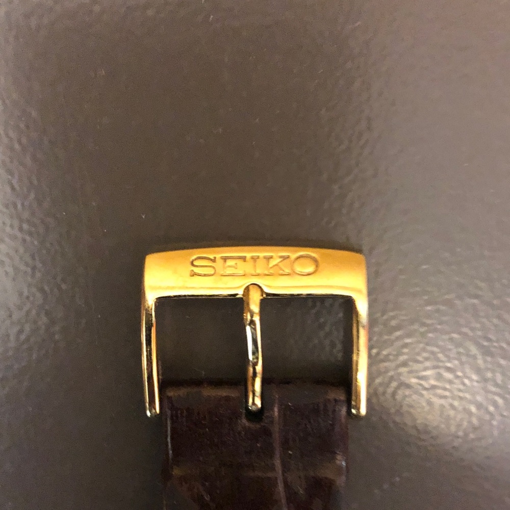 Mens Seiko Gold-Tone Rectangular Solar Watch with Brown Strap - Picture 3 of 8